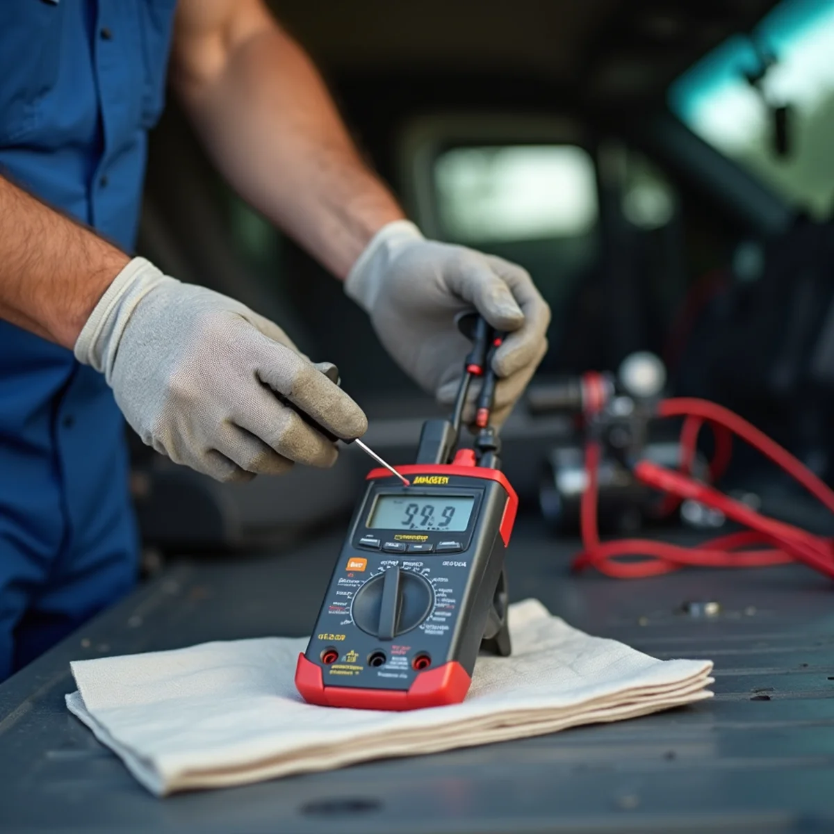 HVAC technician testing a capacitor during AC repair in Stuart, FL