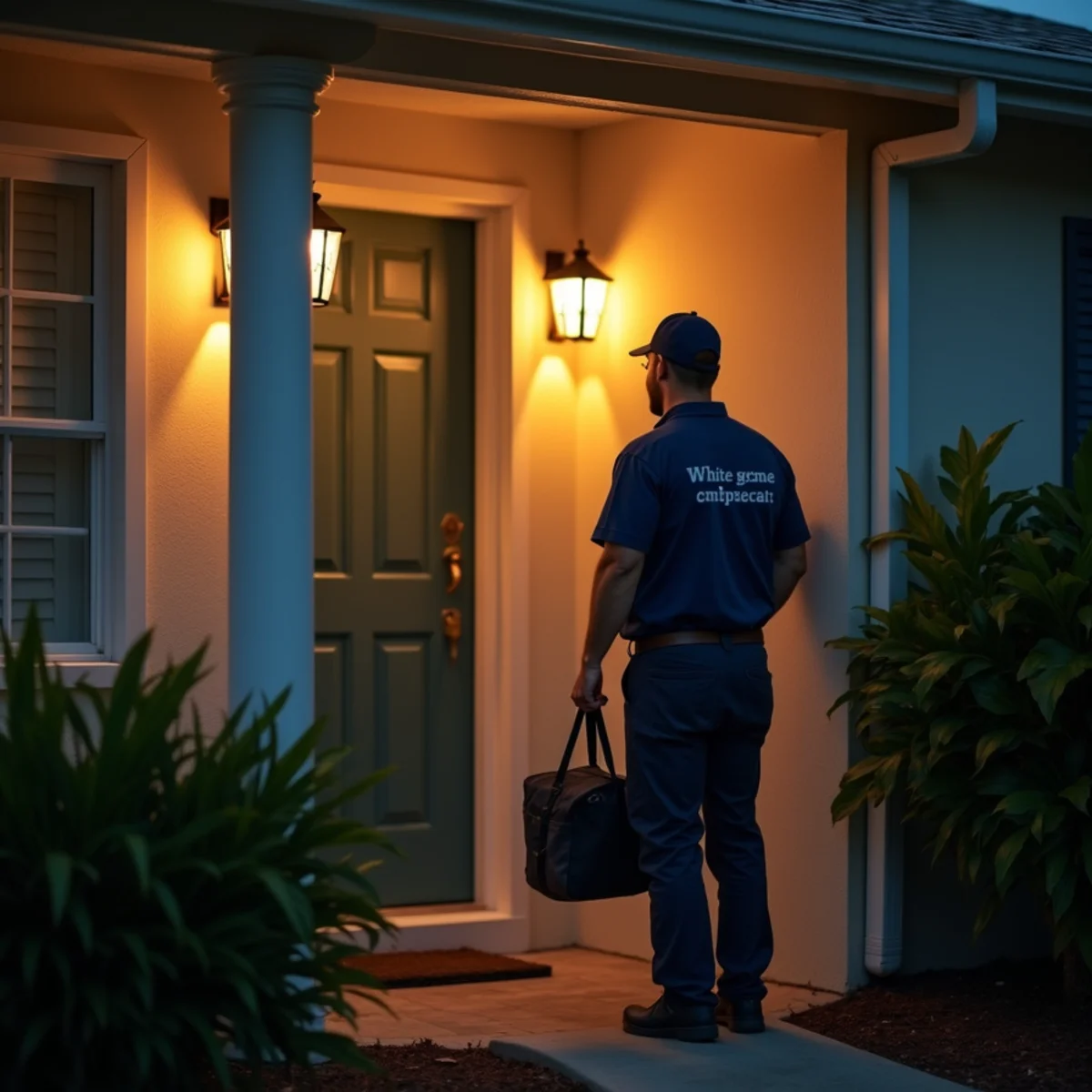 Emergency HVAC technician working after dark at a Stuart, FL home