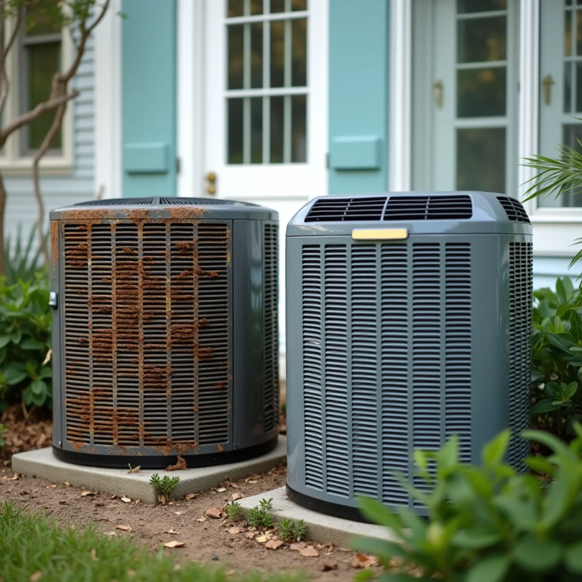 Corroded vs. protected condenser coils compared at a coastal Florida home