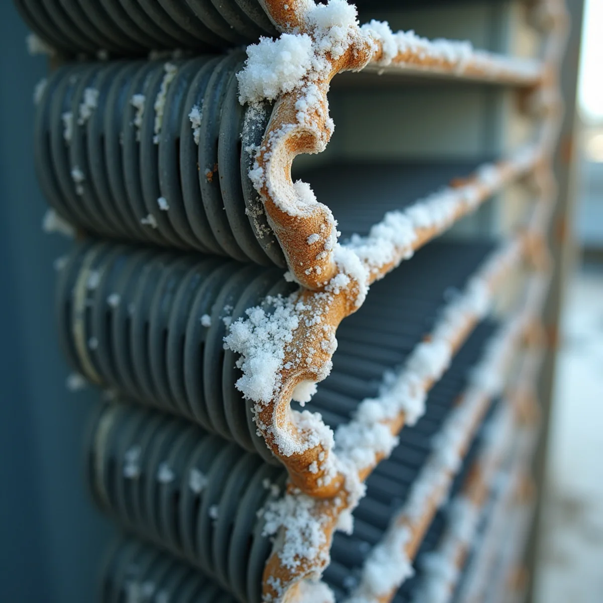 Corroded condenser coil fins from salt air exposure at a Stuart, FL home
