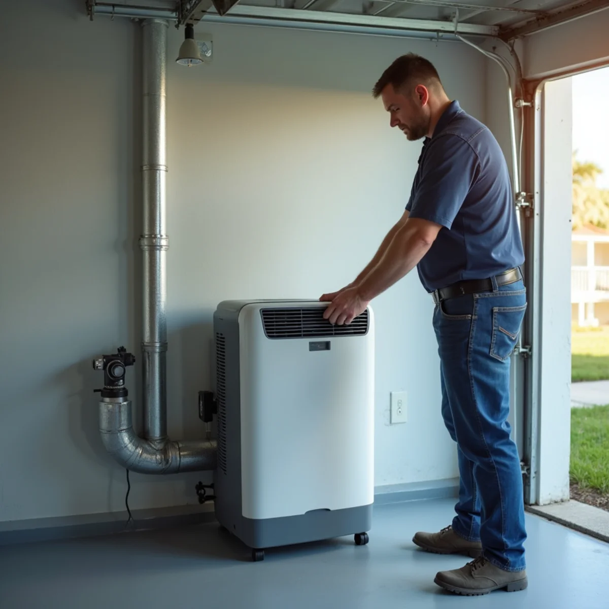 Whole-home dehumidifier installed beside an air handler in a Stuart, FL home