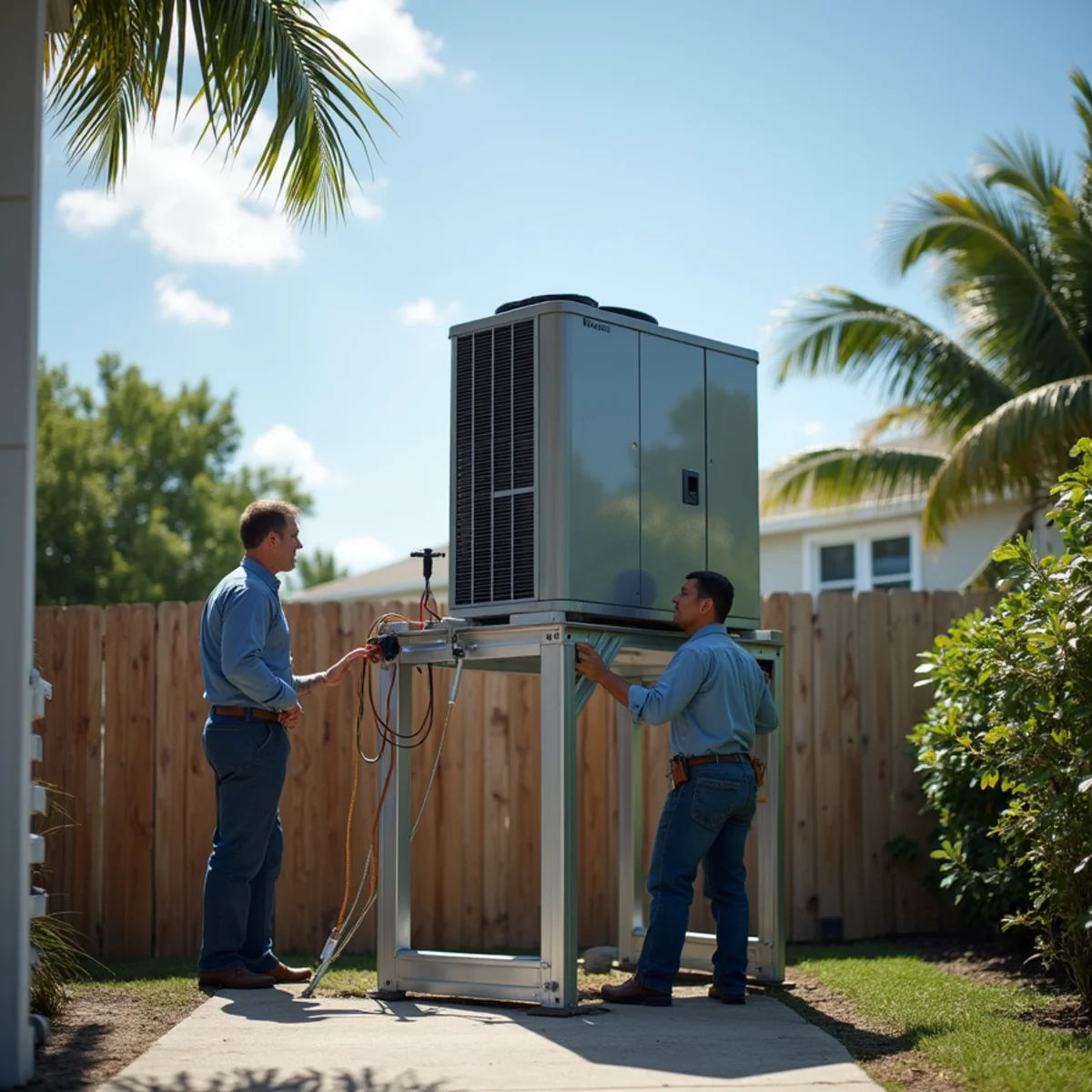 AC condenser installed on an elevated stand at a waterfront Stuart, FL home