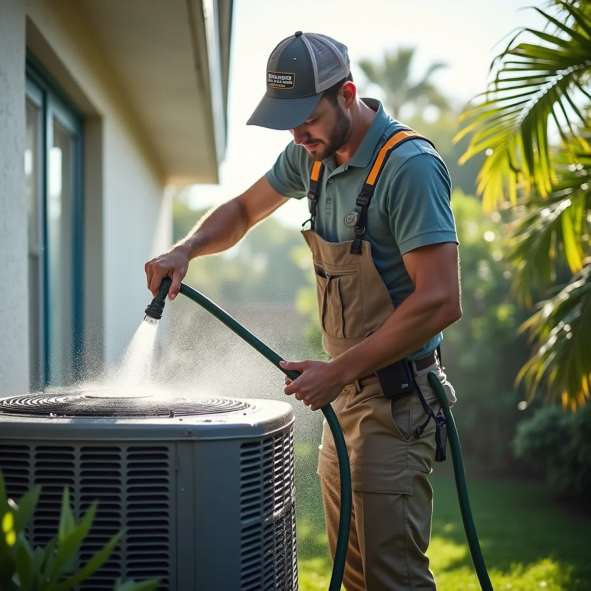 Homeowner gently rinsing an outdoor AC condenser coil with a garden hose