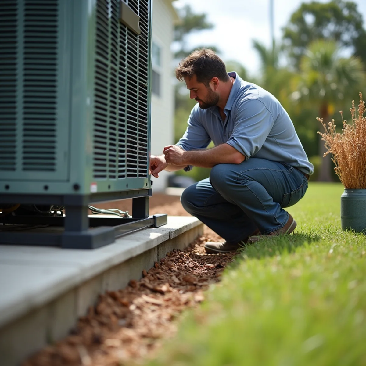 Checking condenser elevation and drainage in a Stuart, FL flood zone