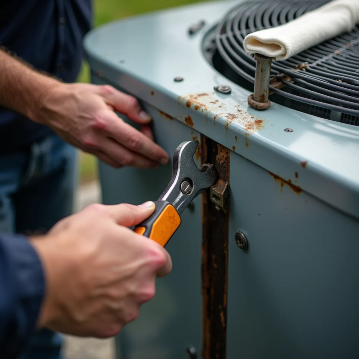 Checking hurricane straps on an AC condenser before storm season in Stuart, FL