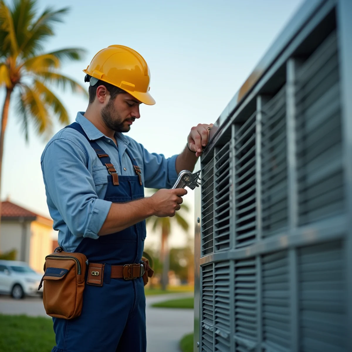 HVAC technician securing hurricane straps on an outdoor AC unit in Florida