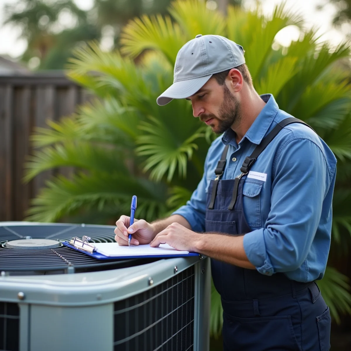 HVAC technician writing maintenance notes in Stuart, FL