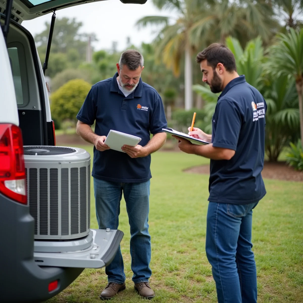 Homeowner documenting storm-damaged AC equipment for an insurance claim