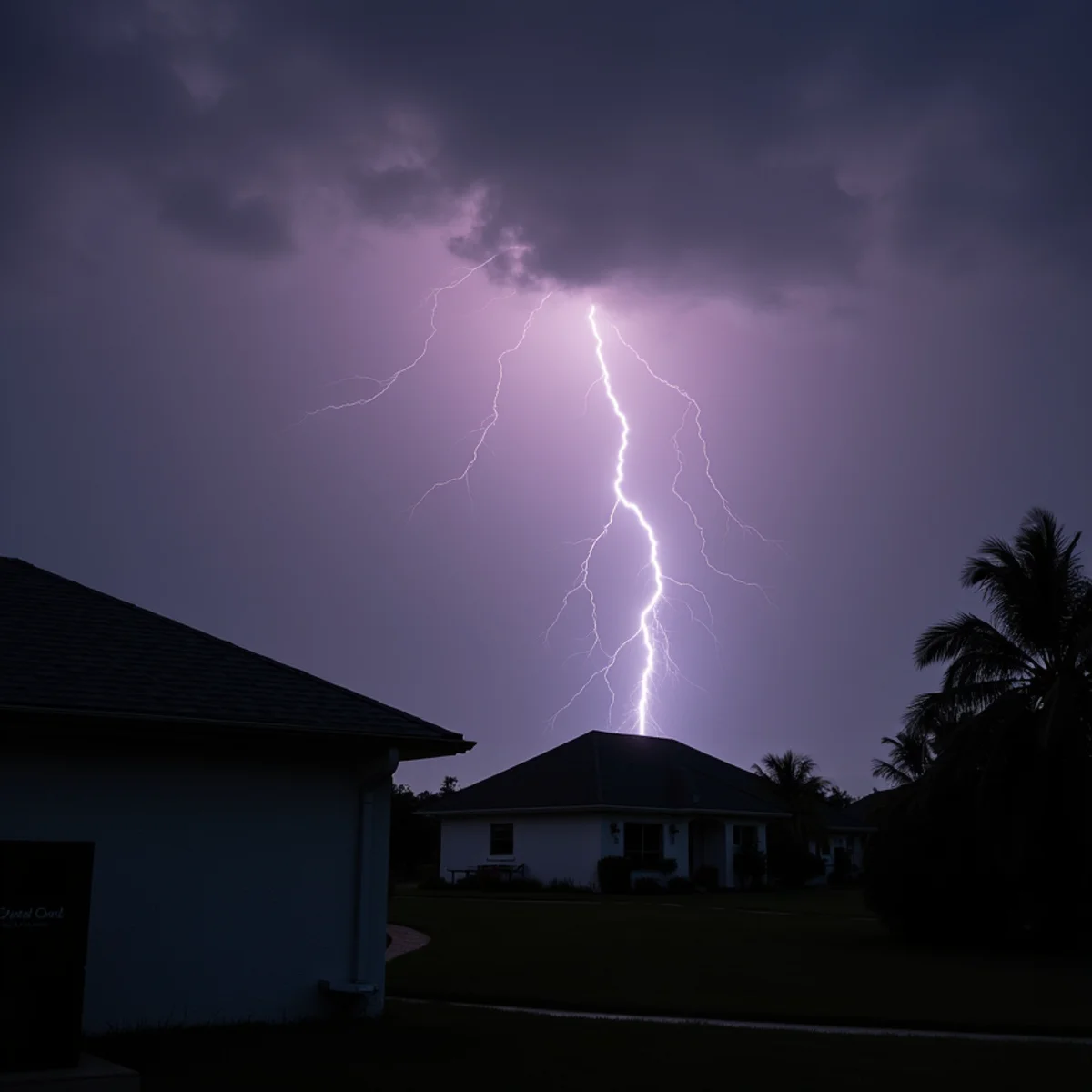 Lightning storm over a Treasure Coast neighborhood with outdoor AC unit in view