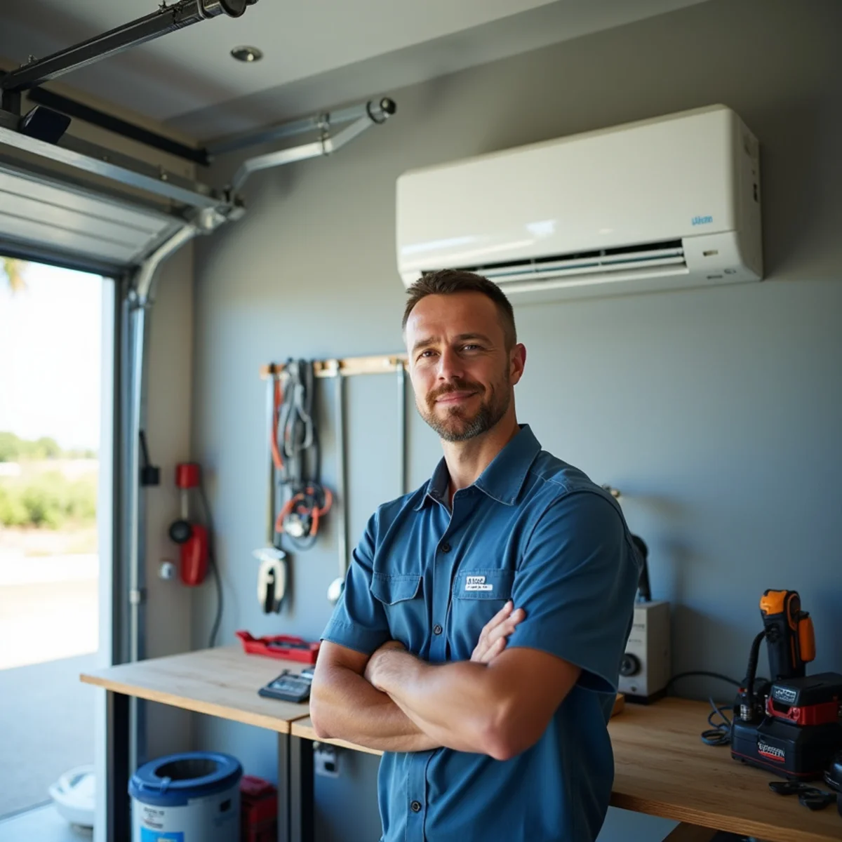 Ductless mini-split unit installed in a garage workshop in Stuart, FL