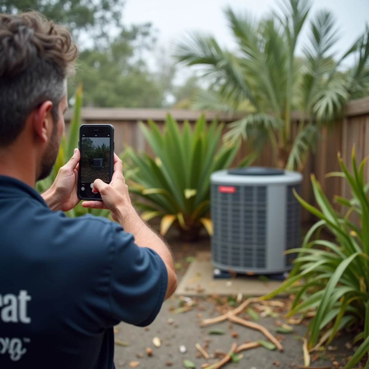 Homeowner inspecting an outdoor AC unit after a hurricane in Stuart, FL