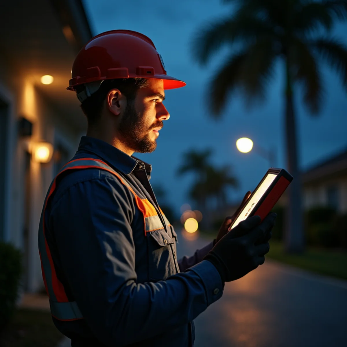 HVAC technician testing a post-storm compressor at a Stuart, FL home