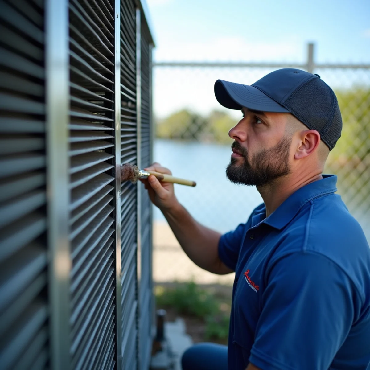 Protective coating being applied to an outdoor AC condenser coil in coastal Stuart, FL