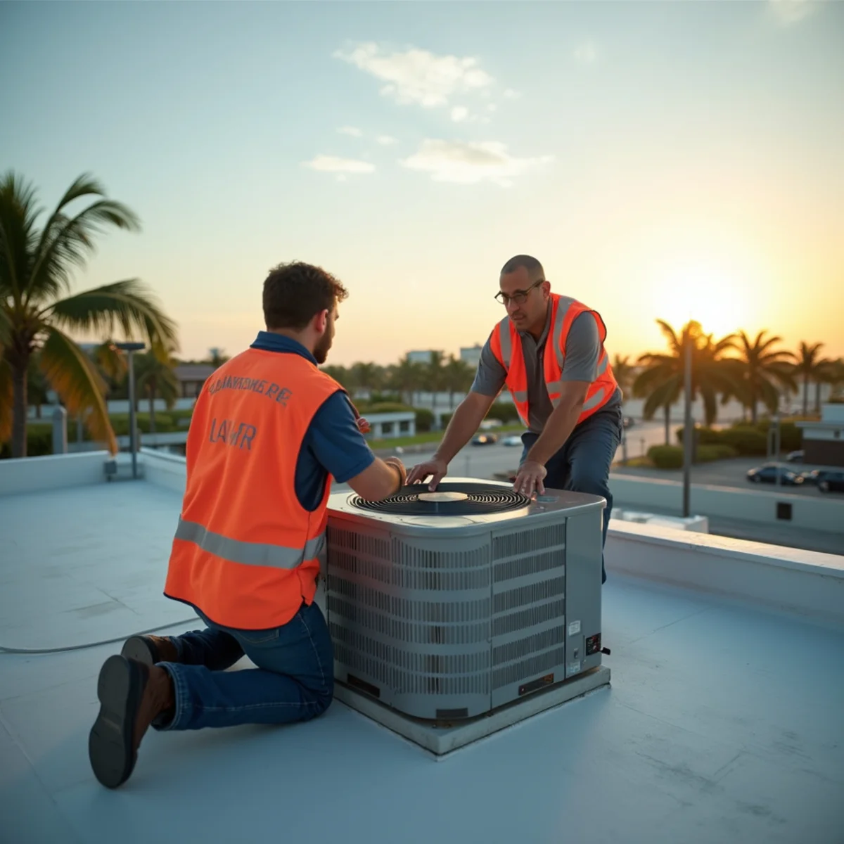 Commercial rooftop HVAC unit being serviced on a Stuart, FL building