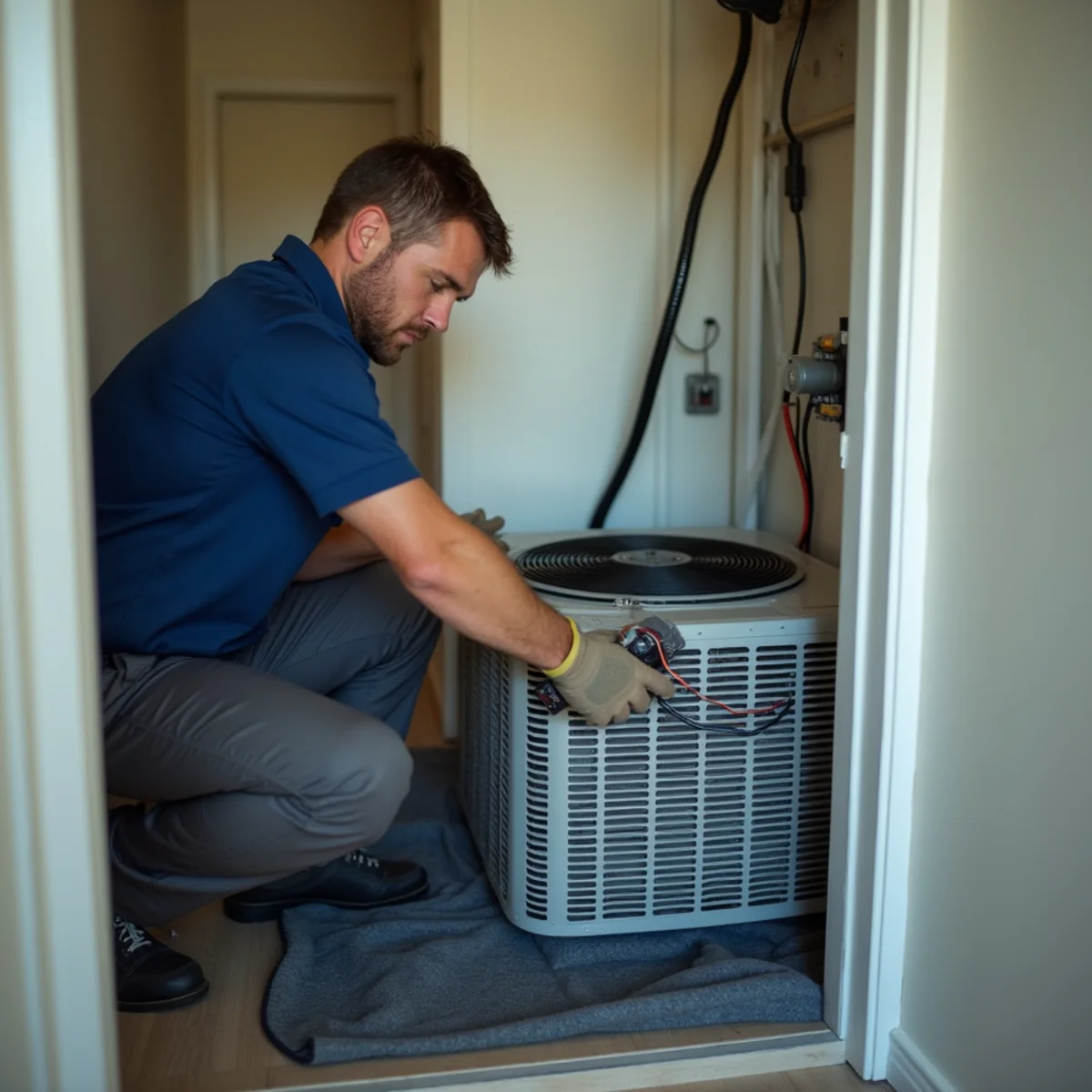 HVAC technician servicing a condo fan-coil air handler in Stuart, FL