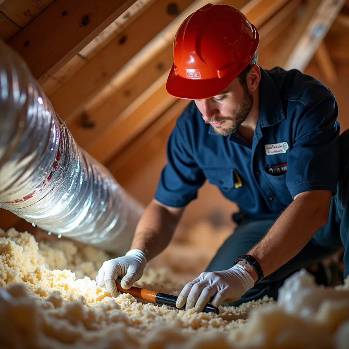 Technician sealing and repairing ductwork in a Stuart, FL attic