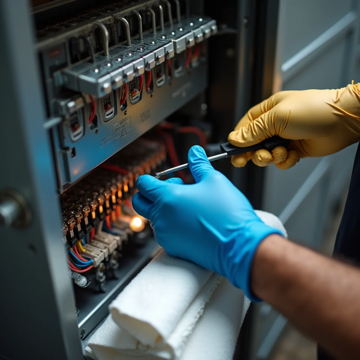 Technician testing heat strips during heating repair in Stuart, FL