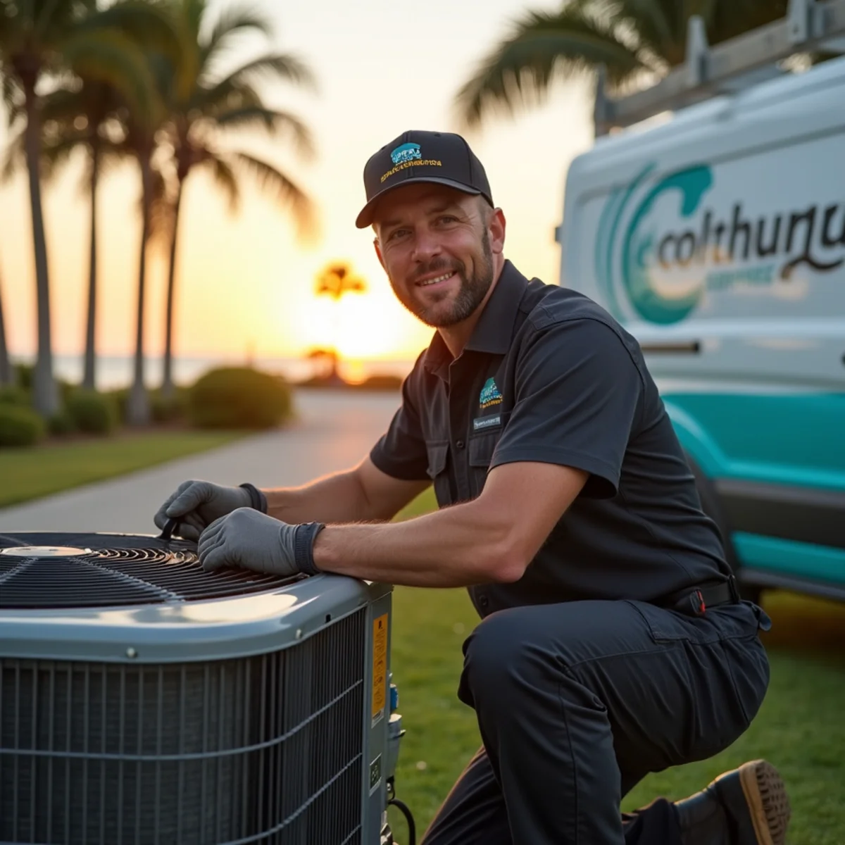 HVAC technician servicing an air conditioner outside a coastal home in Stuart, FL