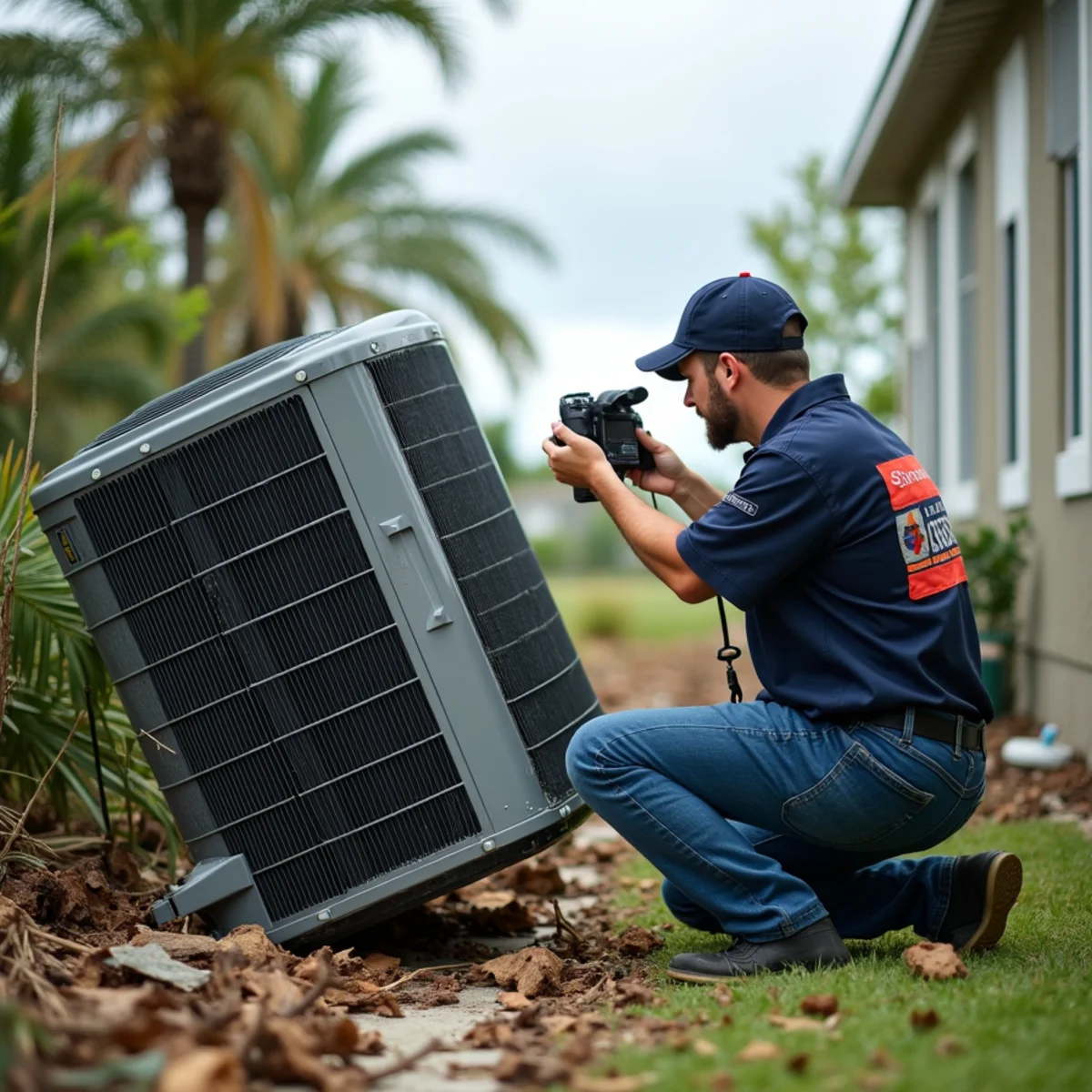 HVAC technician inspecting a storm-damaged air conditioner in Stuart, FL