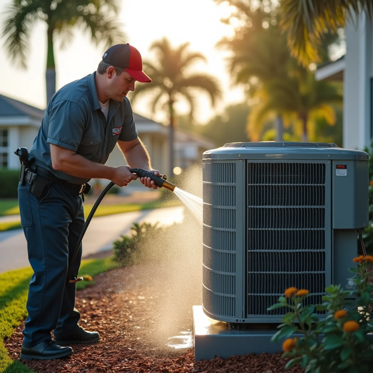 HVAC technician performing seasonal maintenance on an AC unit in Stuart, FL