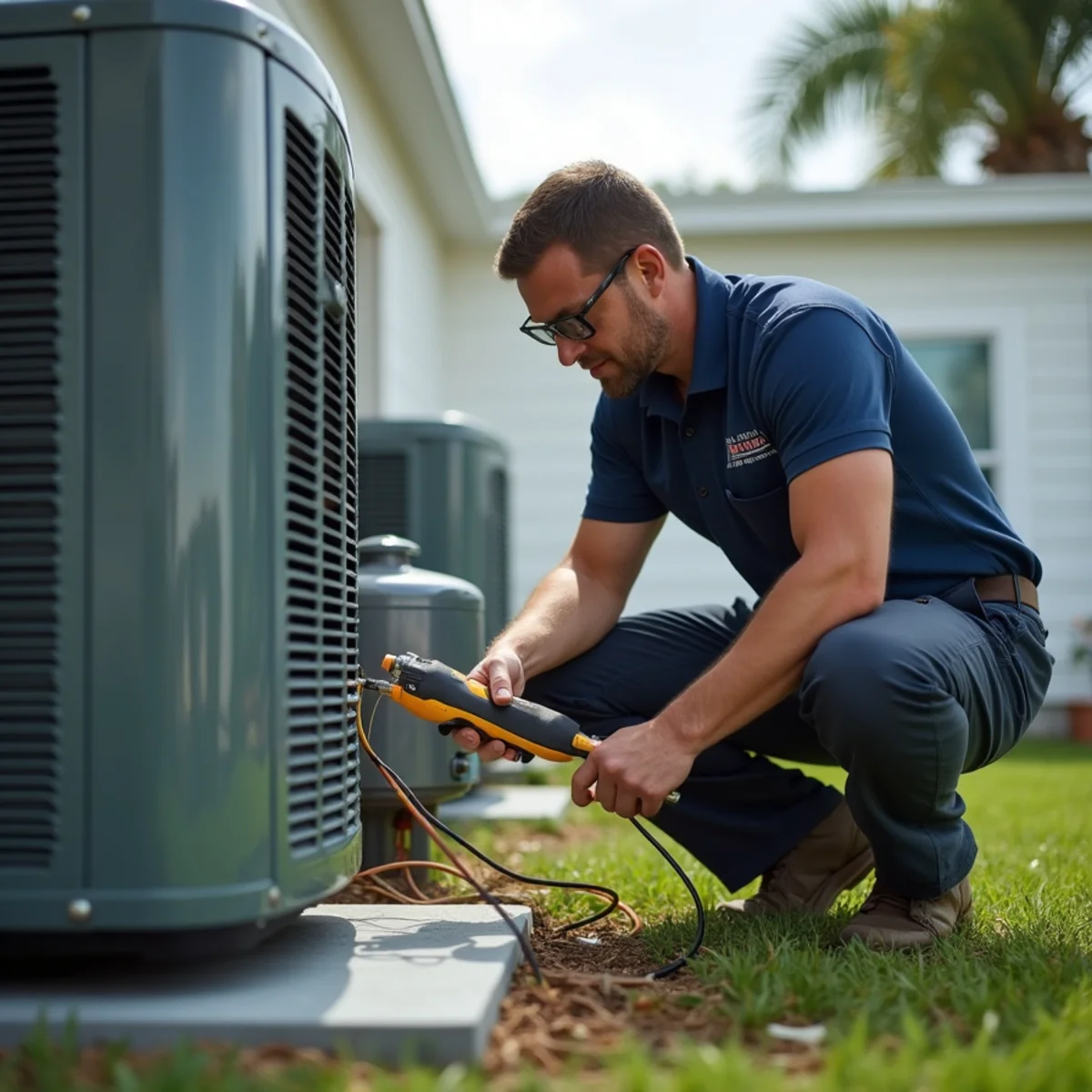 HVAC technician performing refrigerant leak detection on an AC system in Stuart, FL