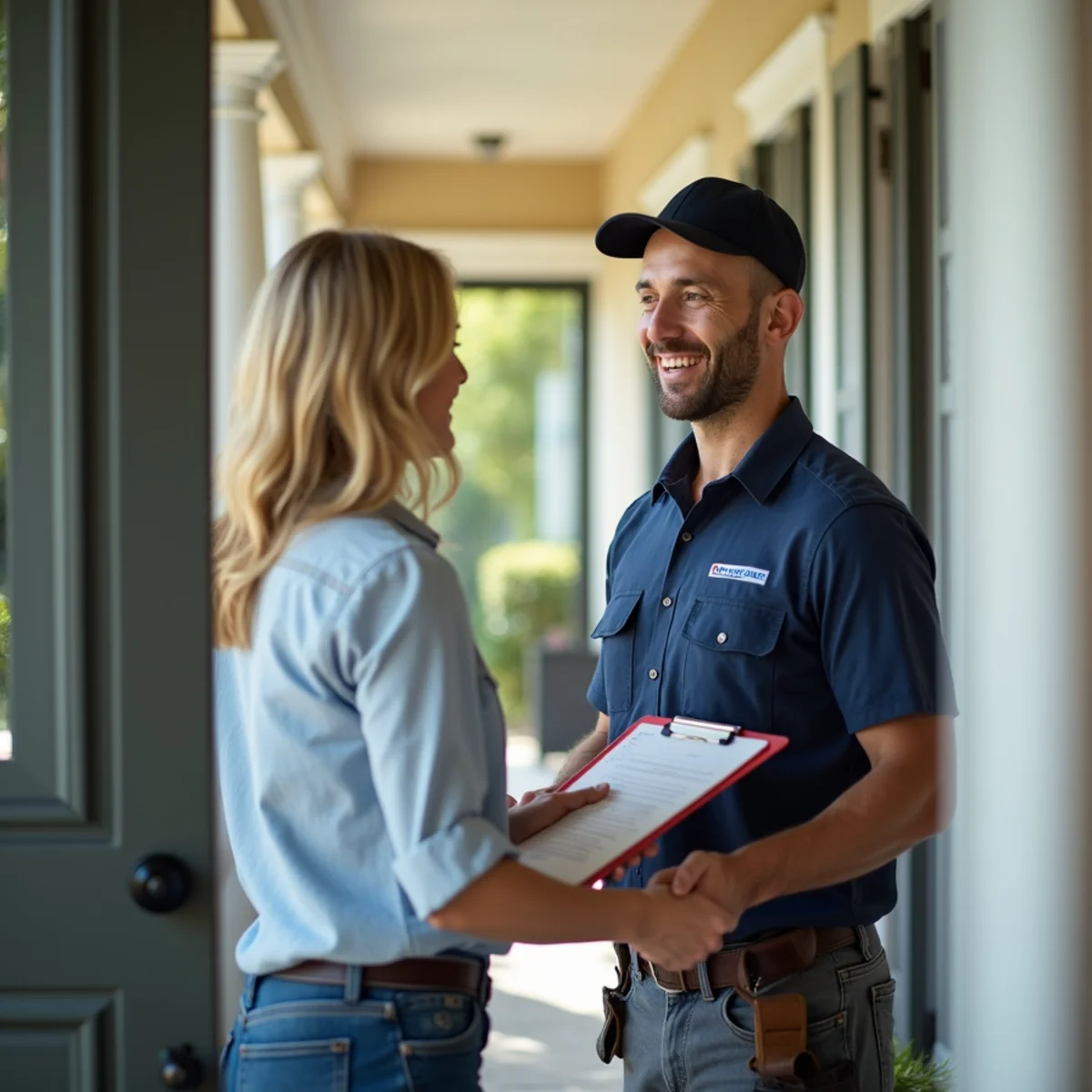 Happy Stuart, FL homeowner with HVAC service technician