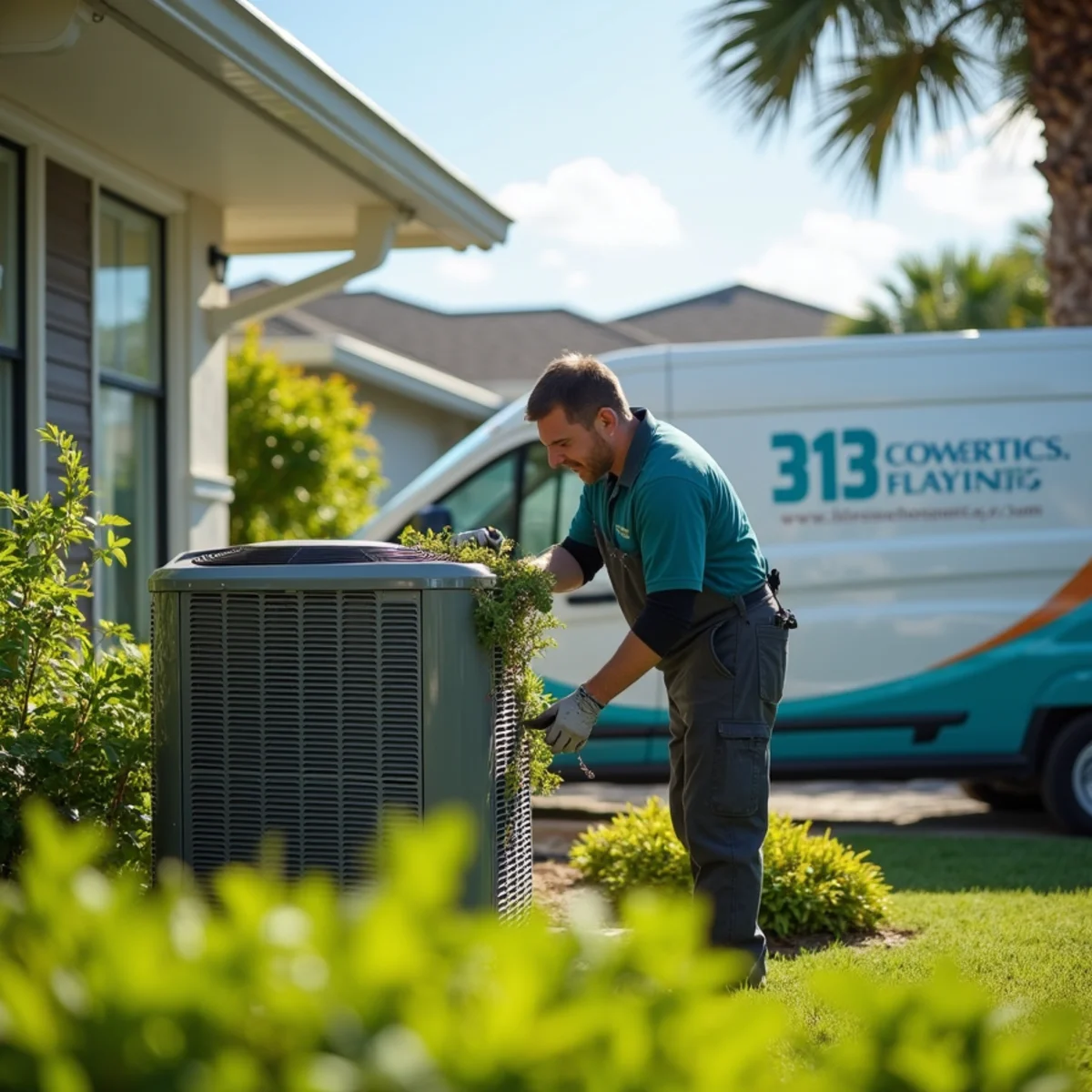 HVAC technician servicing a condenser surrounded by landscaping in Hobe Sound, FL