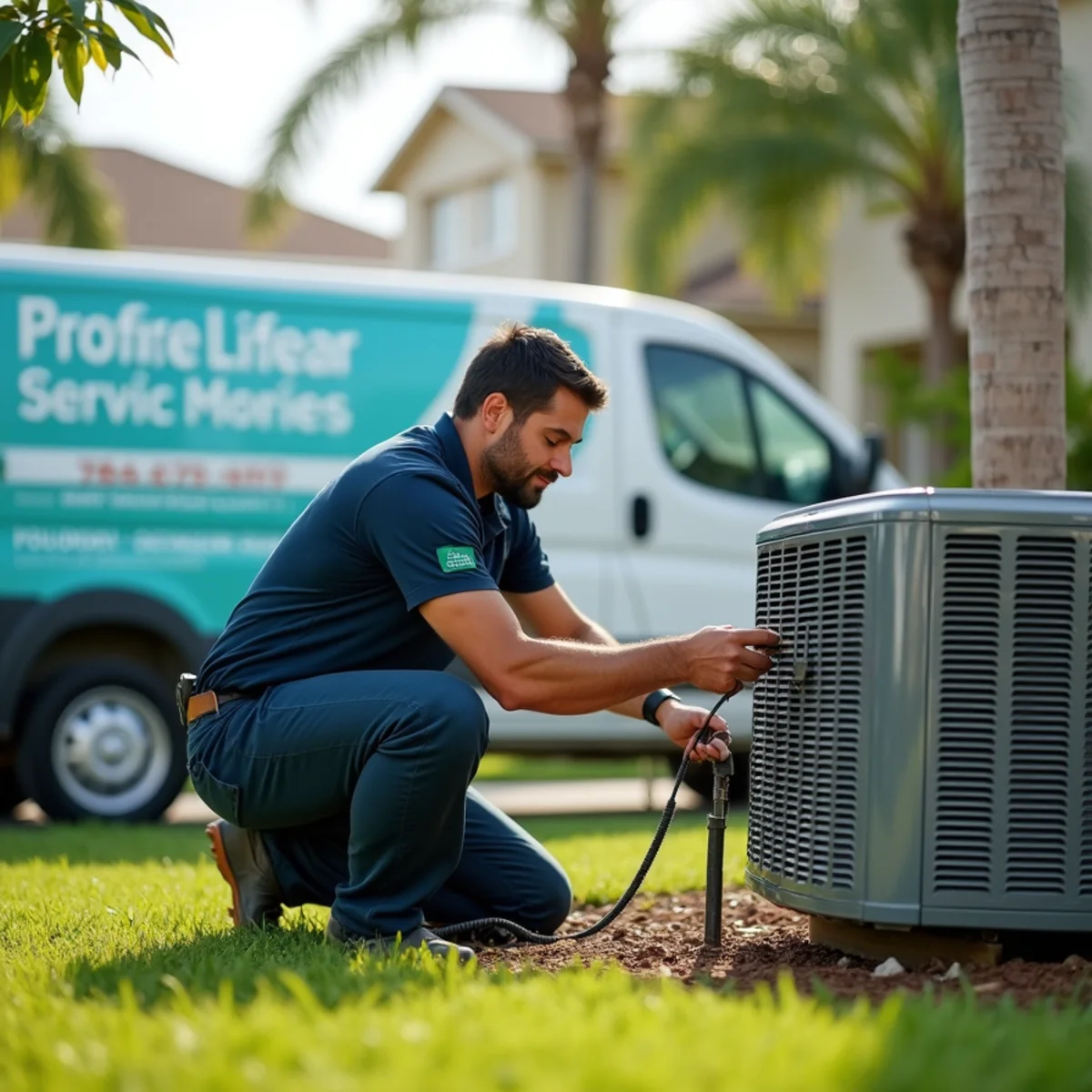 HVAC technician replacing a condenser in a planned community in Port St. Lucie, FL