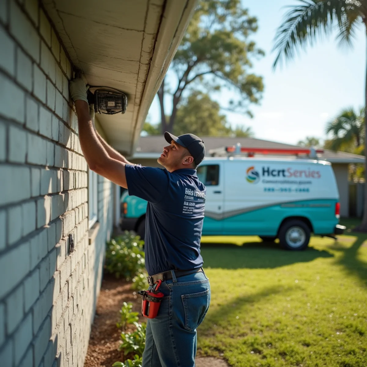 HVAC technician testing duct airflow in the attic of a mid-century ranch home in Rio, FL
