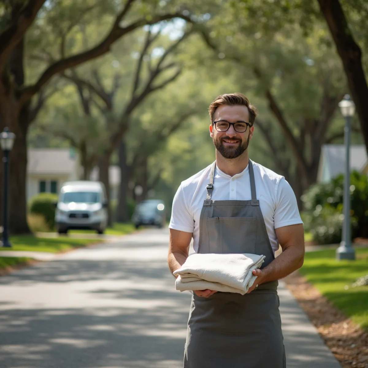 HVAC technician on an oak-lined street in River Park, FL
