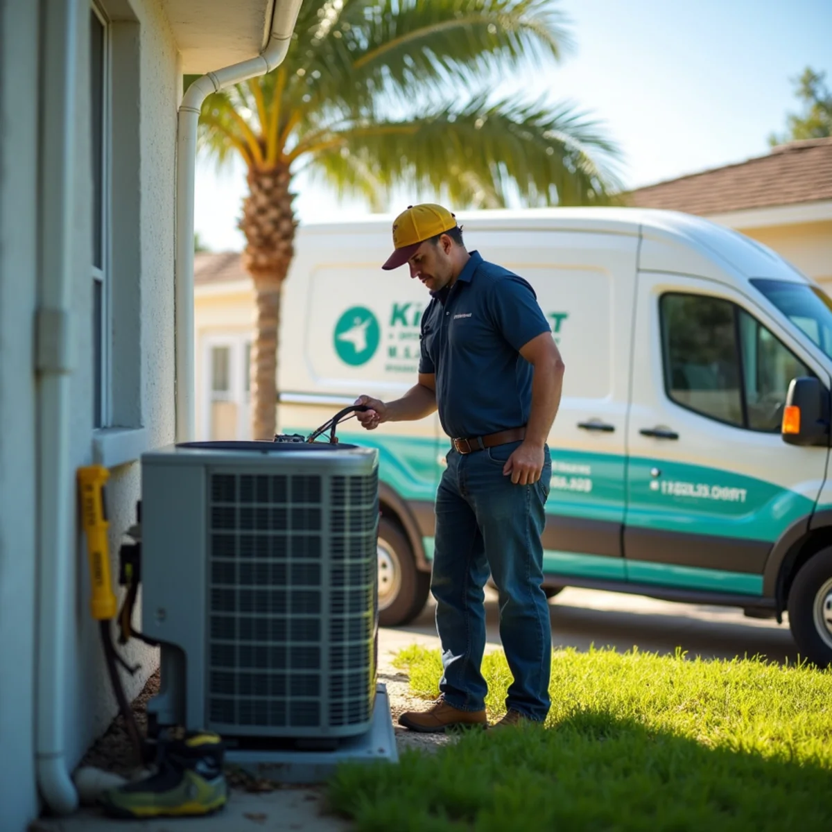 HVAC technician installing a right-sized condenser at a gated Banyan Bay home, Stuart, FL
