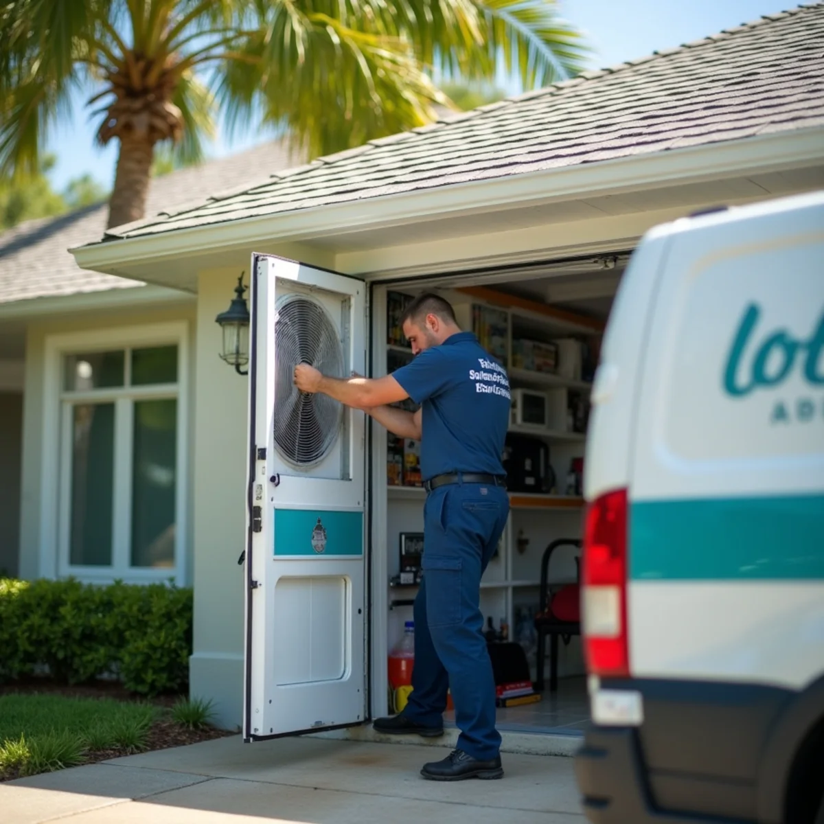 HVAC technician servicing a garage-installed air handler in Coral Gardens, Stuart, FL