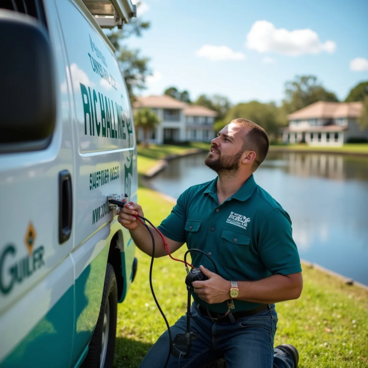 HVAC technician servicing a townhome air handler in Emerald Lakes, Stuart, FL