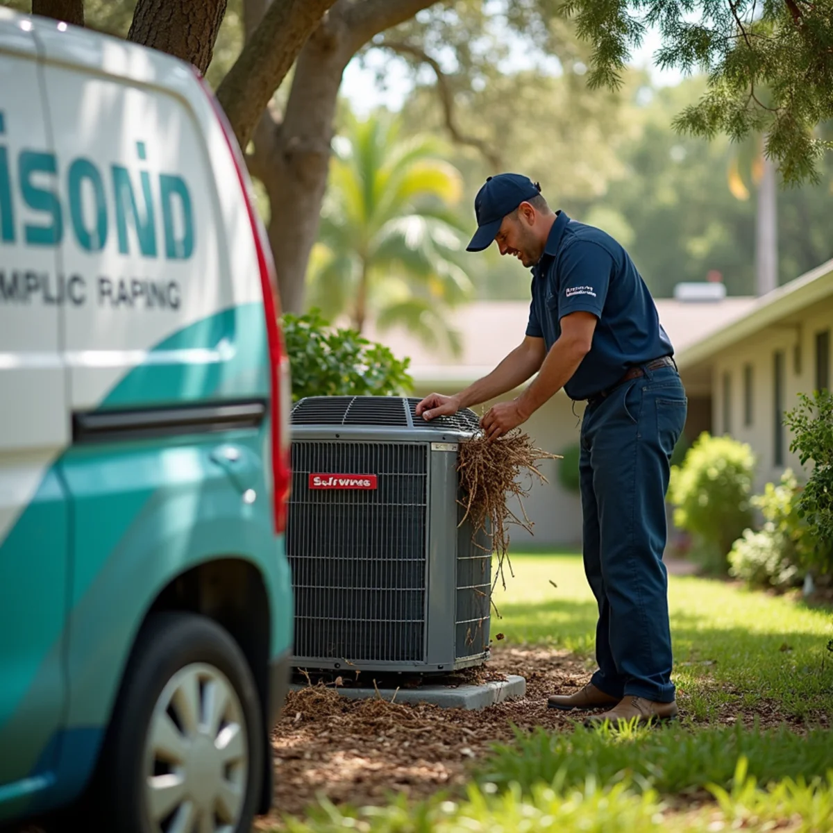 HVAC technician repairing an air conditioner at a ranch home in Golden Gate, Stuart, FL