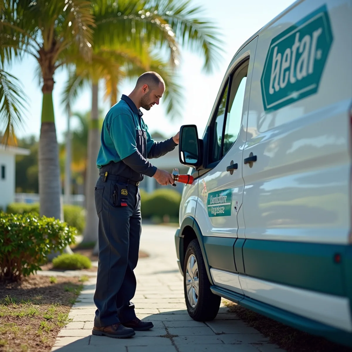 HVAC technician servicing a coastal-rated condenser at a historic home in Port Sewall, Stuart, FL